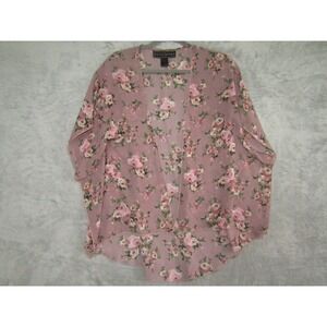 Polly Esther Sheer Floral‎ Kimono Cardigan Duster Pink Roses Butterfly Sleeve